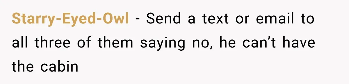 Starry-Eyed-Owl − Send a text or email to all three of them saying no, he can’t have the cabin