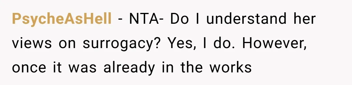 Sister Lectures About Surrogacy, Now He Won’t Let Her Meet His Baby PsycheAsHell − NTA- Do I understand her views on surrogacy? Yes, I do. However, once it was already in the works
