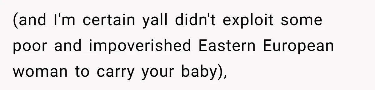 Sister Lectures About Surrogacy, Now He Won’t Let Her Meet His Baby (and I'm certain yall didn't exploit some poor and impoverished Eastern European woman to carry your baby),
