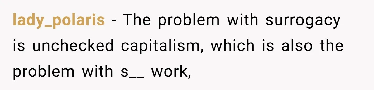Sister Lectures About Surrogacy, Now He Won’t Let Her Meet His Baby lady_polaris − The problem with surrogacy is unchecked capitalism, which is also the problem with s__ work,