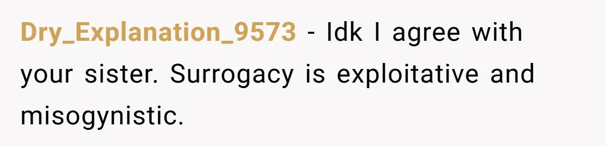 Sister Lectures About Surrogacy, Now He Won’t Let Her Meet His Baby Dry_Explanation_9573 − Idk I agree with your sister. Surrogacy is exploitative and misogynistic.