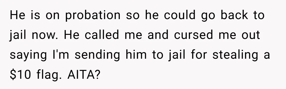 Man Calls Police On His Brother For Stealing Pride Flag He is on probation so he could go back to jail now. He called me and cursed me out saying I'm sending him to jail for stealing a $10 flag....