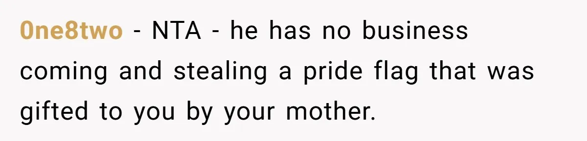 Man Calls Police On His Brother For Stealing Pride Flag 0ne8two − NTA - he has no business coming and stealing a pride flag that was gifted to you by your mother.