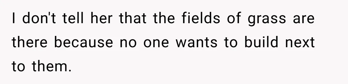 I don't tell her that the fields of grass are there because no one wants to build next to them.