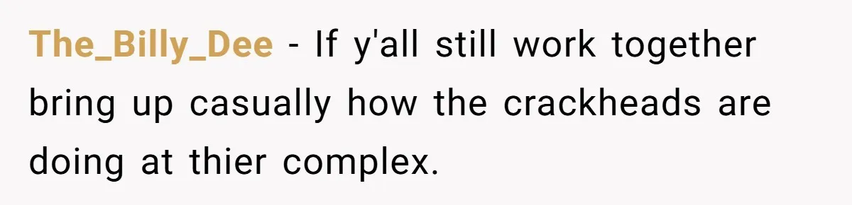 The_Billy_Dee − If y'all still work together bring up casually how the crackheads are doing at thier complex.