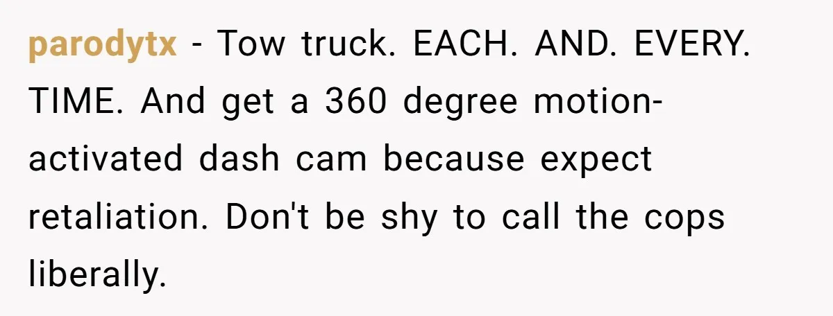 parodytx − Tow truck. EACH. AND. EVERY. TIME. And get a 360 degree motion-activated dash cam because expect retaliation. Don't be shy to call the cops liberally.