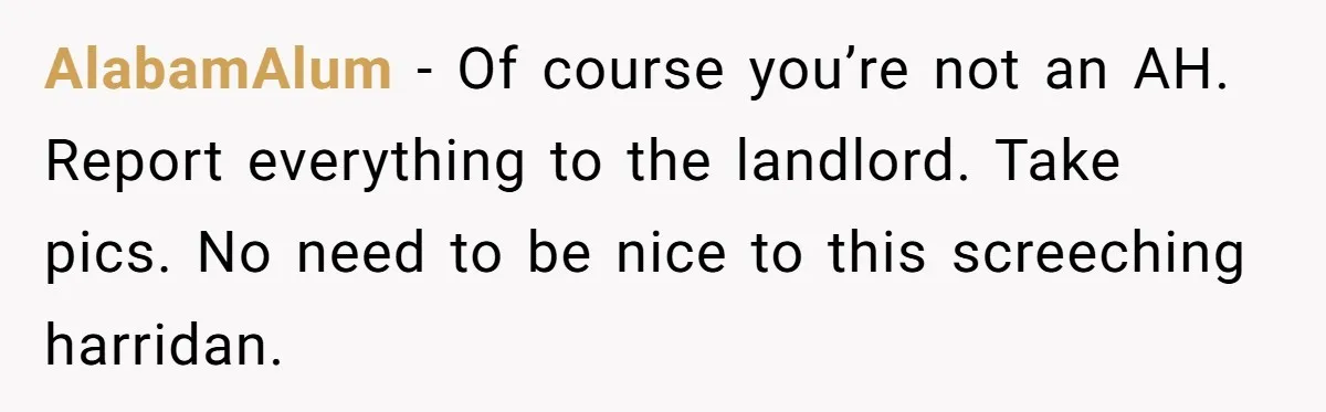 AlabamAlum − Of course you’re not an AH. Report everything to the landlord. Take pics. No need to be nice to this screeching harridan.
