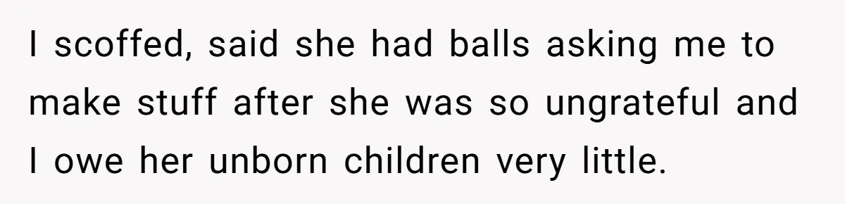 I scoffed, said she had balls asking me to make stuff after she was so ungrateful and I owe her unborn children very little.