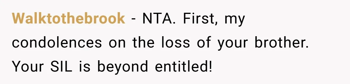 Walktothebrook − NTA. First, my condolences on the loss of your brother. Your SIL is beyond entitled!