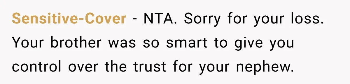 Sensitive-Cover − NTA. Sorry for your loss. Your brother was so smart to give you control over the trust for your nephew.