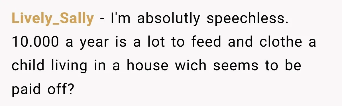 Lively_Sally − I'm absolutly speechless. 10.000 a year is a lot to feed and clothe a child living in a house wich seems to be paid off?