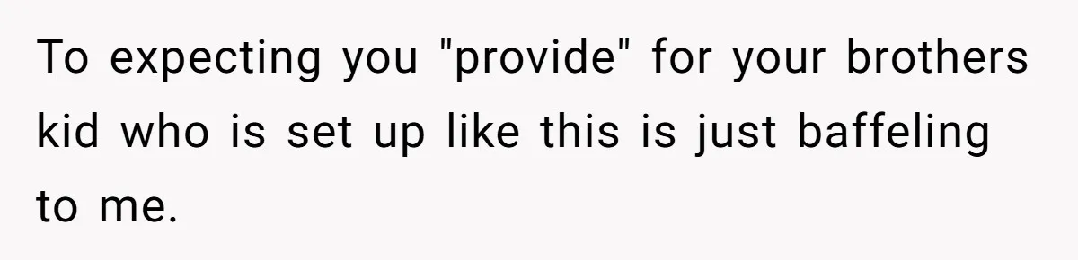 To expecting you "provide" for your brothers kid who is set up like this is just baffeling to me.