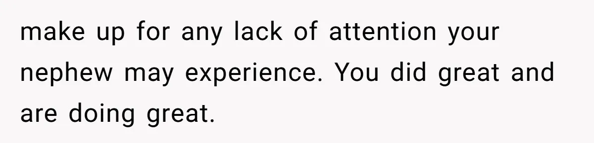 make up for any lack of attention your nephew may experience. You did great and are doing great.