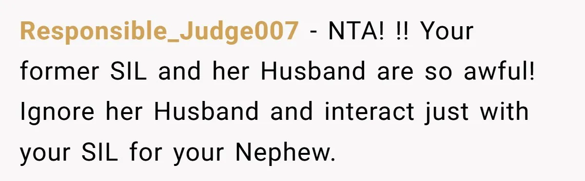 Responsible_Judge007 − NTA! !! Your former SIL and her Husband are so awful! Ignore her Husband and interact just with your SIL for your Nephew.