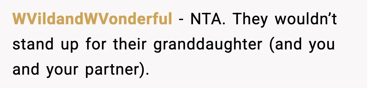 Man Refuses To Let Family Meet His Daughter After They Abandoned His Wedding Over Pregnancy WVildandWVonderful − NTA. They wouldn’t stand up for their granddaughter (and you and your partner).