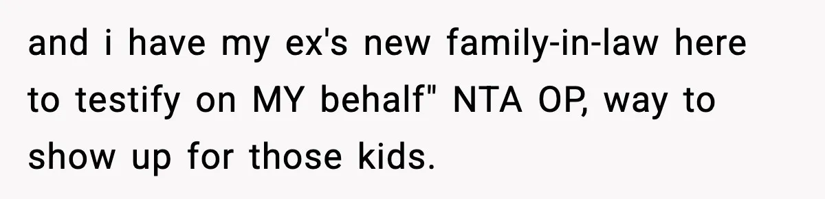 and i have my ex's new family-in-law here to testify on MY behalf" NTA OP, way to show up for those kids.