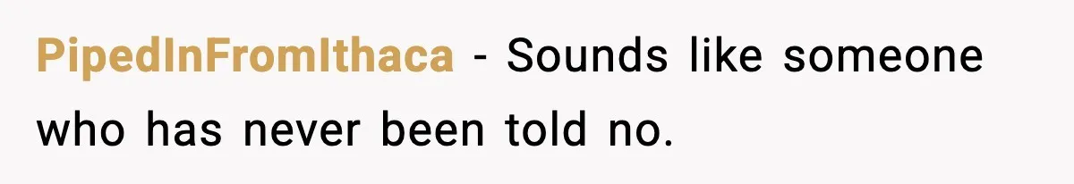 PipedInFromIthaca - Sounds like someone who has never been told no.