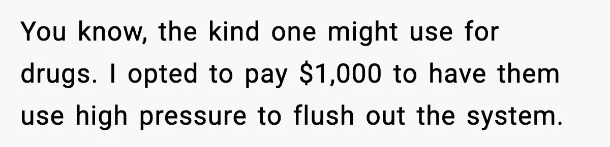 You know, the kind one might use for drugs. I opted to pay $1,000 to have them use high pressure to flush out the system.