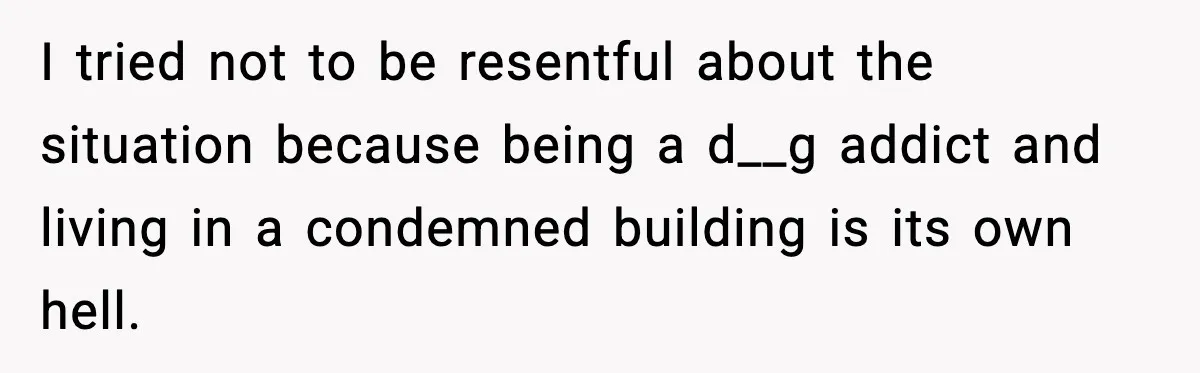 I tried not to be resentful about the situation because being a d__g addict and living in a condemned building is its own hell.