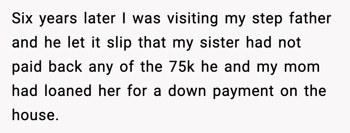 Man Explodes After Discovering Parents Hid $75K Loan To Sister Six years later I was visiting my step father and he let it slip that my sister had not paid back any of the 75k he and my mom had...