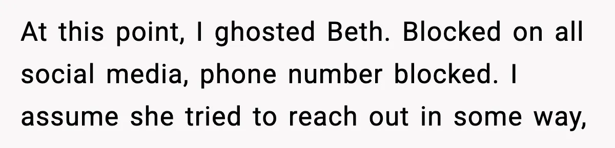 Ex Returns A Year Later After STI Damage, Blames Man For Silence At this point, I ghosted Beth. Blocked on all social media, phone number blocked. I assume she tried to reach out in some way,