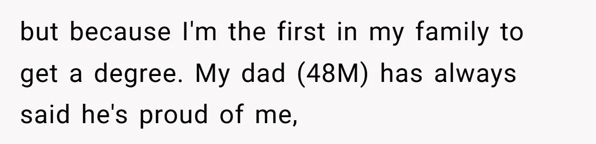 but because I'm the first in my family to get a degree. My dad (48M) has always said he's proud of me,