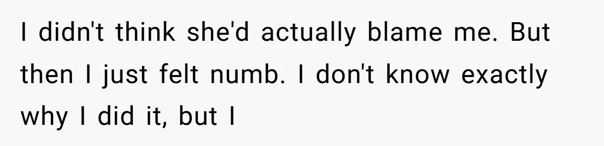 I didn't think she'd actually blame me. But then I just felt numb. I don't know exactly why I did it, but I