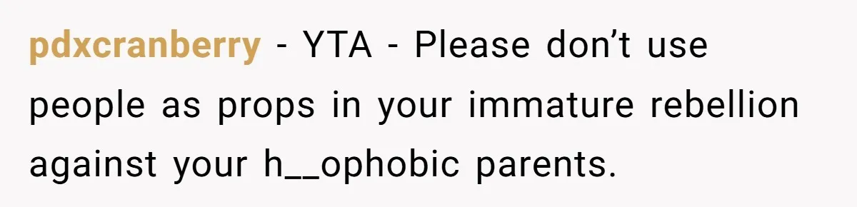 pdxcranberry − YTA - Please don’t use people as props in your immature rebellion against your h__ophobic parents.