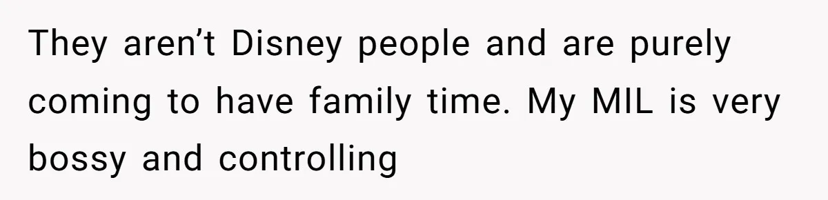 They aren’t Disney people and are purely coming to have family time. My MIL is very bossy and controlling