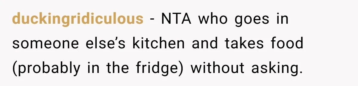 duckingridiculous − NTA who goes in someone else’s kitchen and takes food (probably in the fridge) without asking.