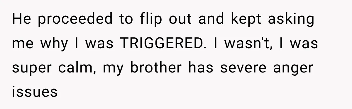 Family Tensions Explode After Brother Insists on Using Slurs in the Home He proceeded to flip out and kept asking me why I was TRIGGERED. I wasn't, I was super calm, my brother has severe anger issues