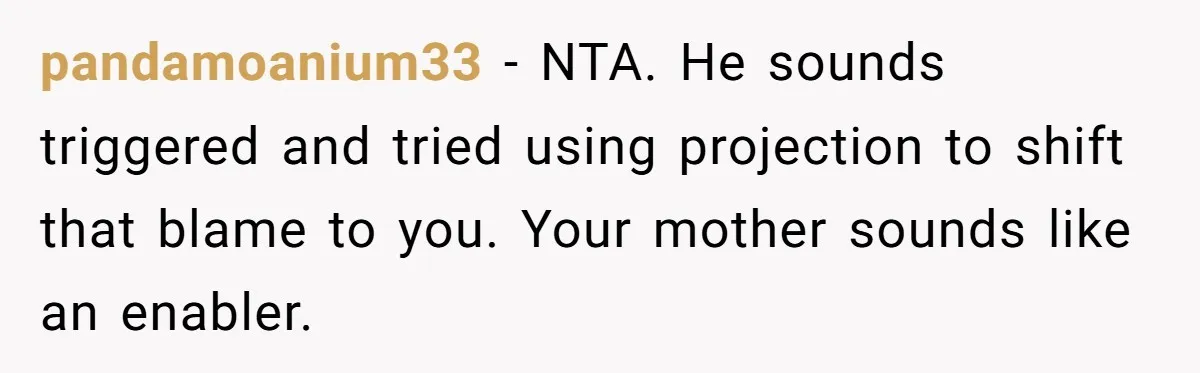 Family Tensions Explode After Brother Insists on Using Slurs in the Home pandamoanium33 − NTA. He sounds triggered and tried using projection to shift that blame to you. Your mother sounds like an enabler.