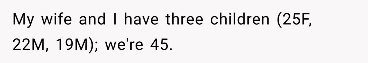 My wife and I have three children (25F, 22M, 19M); we're 45.