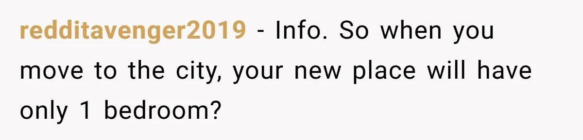 redditavenger2019 − Info. So when you move to the city, your new place will have only 1 bedroom?