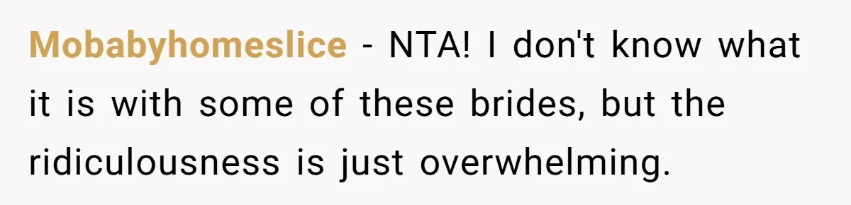 Mobabyhomeslice − NTA! I don't know what it is with some of these brides, but the ridiculousness is just overwhelming.