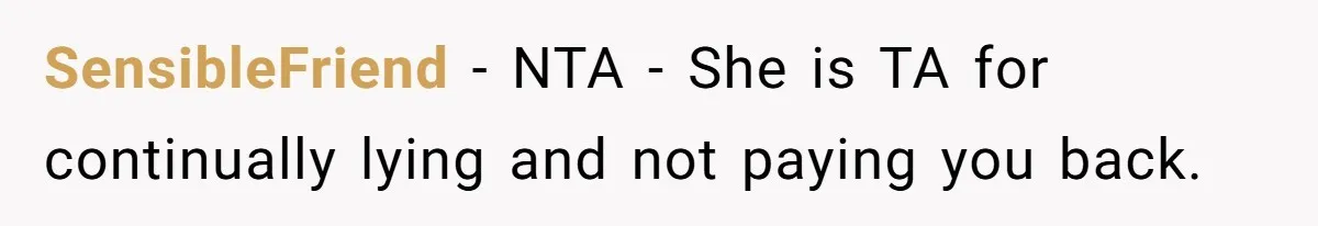 Should You Marry Someone Who Treats Your Money Like Their Own Piggy Bank? SensibleFriend − NTA - She is TA for continually lying and not paying you back.
