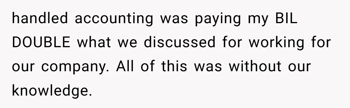handled accounting was paying my BIL DOUBLE what we discussed for working for our company. All of this was without our knowledge.