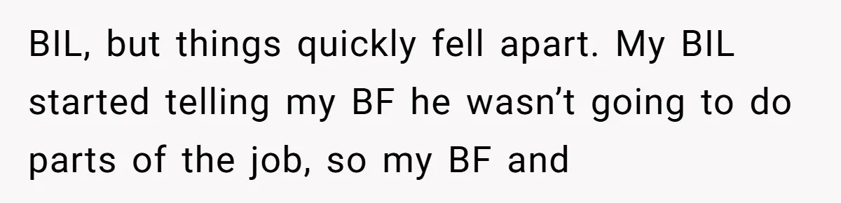 BIL, but things quickly fell apart. My BIL started telling my BF he wasn’t going to do parts of the job, so my BF and