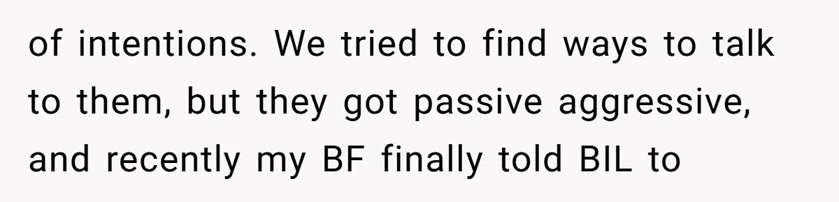 of intentions. We tried to find ways to talk to them, but they got passive aggressive, and recently my BF finally told BIL to