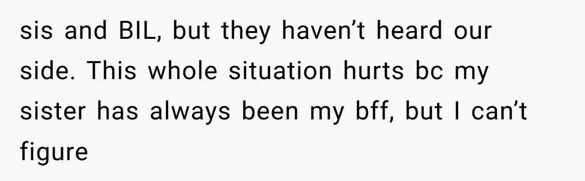 sis and BIL, but they haven’t heard our side. This whole situation hurts bc my sister has always been my bff, but I can’t figure