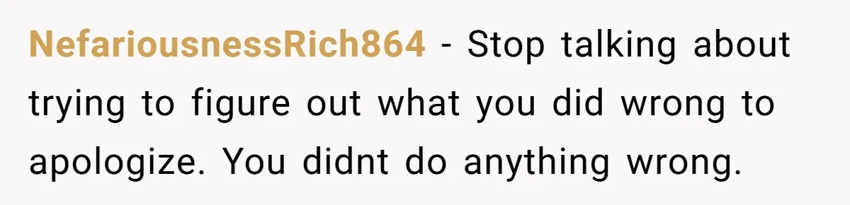NefariousnessRich864 − Stop talking about trying to figure out what you did wrong to apologize. You didnt do anything wrong.