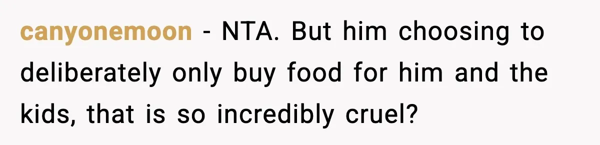 Mom Does Everything On “Her Day,” Tells Husband “Happy Father’s Day” Out Of Frustration canyonemoon − NTA. But him choosing to deliberately only buy food for him and the kids, that is so incredibly cruel?