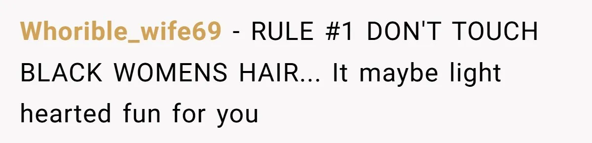 Whorible_wife69 − RULE #1 DON'T TOUCH BLACK WOMENS HAIR... It maybe light hearted fun for you