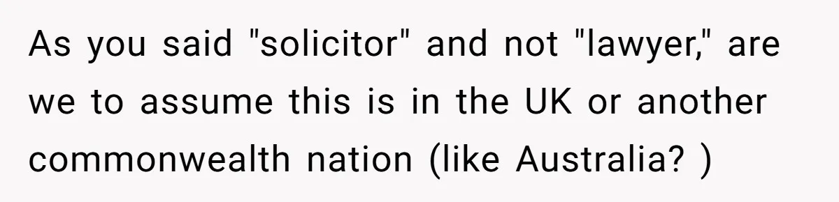 Woman Calls Sister’s Husband “A Piece of S__t” After He Defends Her Ex In Divorce As you said "solicitor" and not "lawyer," are we to assume this is in the UK or another commonwealth nation (like Australia? )