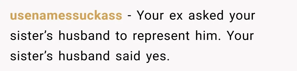 Woman Calls Sister’s Husband “A Piece of S__t” After He Defends Her Ex In Divorce usenamessuckass − Your ex asked your sister’s husband to represent him. Your sister’s husband said yes.