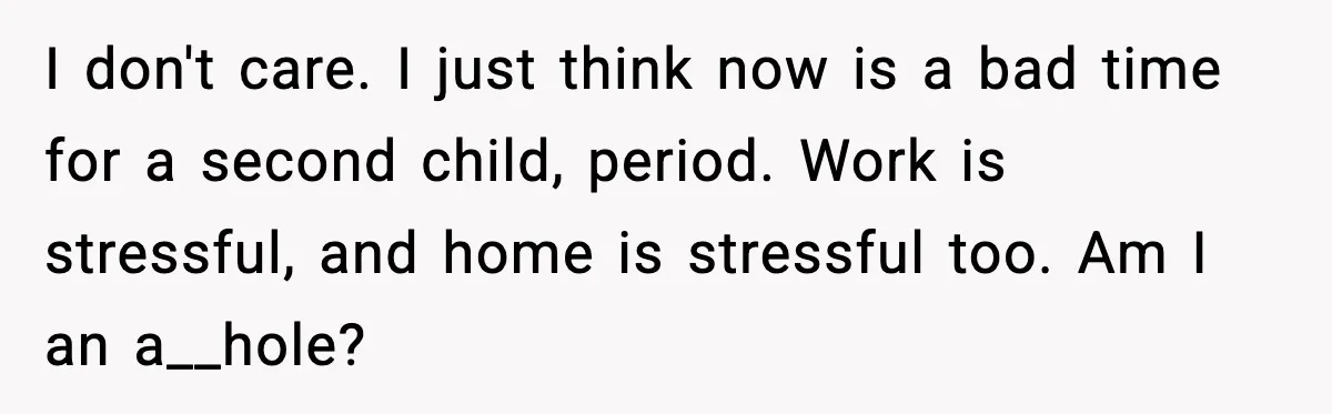 I don't care. I just think now is a bad time for a second child, period. Work is stressful, and home is stressful too. Am I an a__hole?