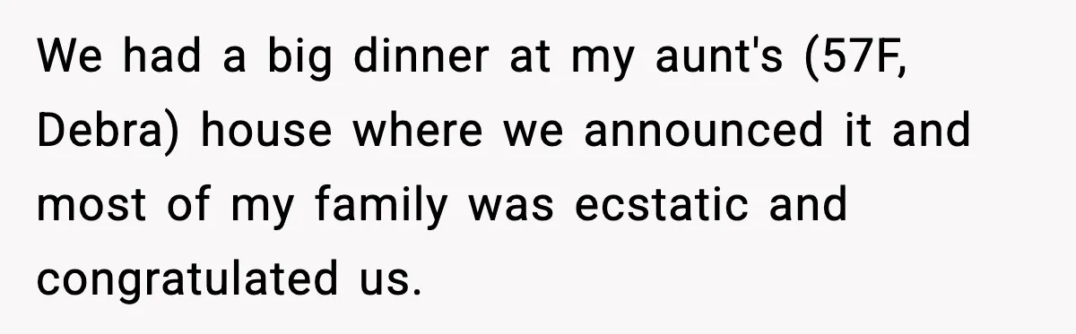 Groom Uninvites Family After Mom Calls Fiancée A Gold Digger We had a big dinner at my aunt's (57F, Debra) house where we announced it and most of my family was ecstatic and congratulated us.