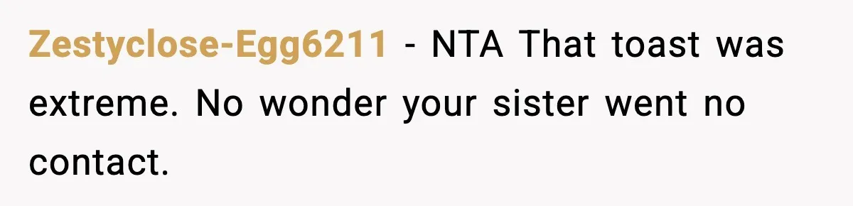 Groom Uninvites Family After Mom Calls Fiancée A Gold Digger Zestyclose-Egg6211 - NTA That toast was extreme. No wonder your sister went no contact.
