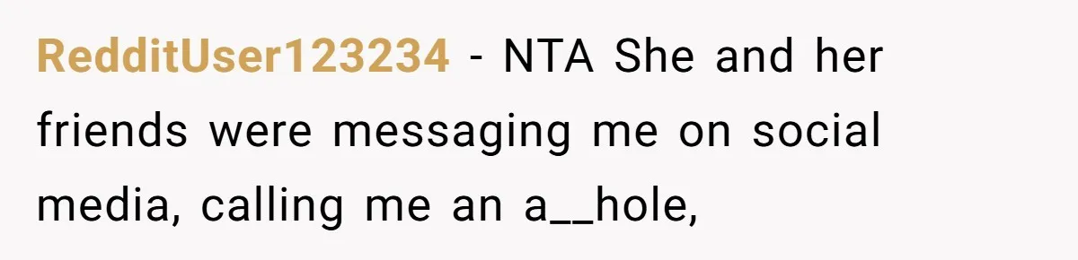 RedditUser123234 − NTA She and her friends were messaging me on social media, calling me an a__hole,