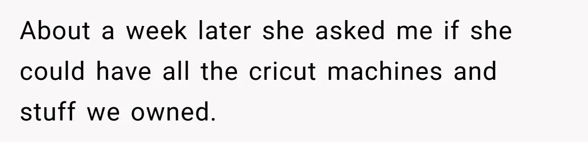 About a week later she asked me if she could have all the cricut machines and stuff we owned.
